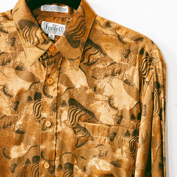 Vintage 80s/90s Fontelli Gold Metallic Fish Print Disco Shirt – Men’s M 15–15.5 - Picture 4 of 6